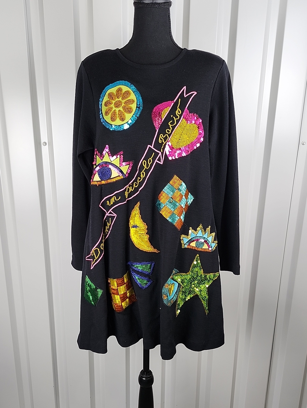 Andrea Jovine Vintage Black Dress Multicolor Sequins Wool Womens Med Maximalist